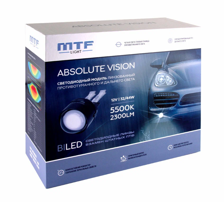 Комплект би-диодных ПТФ линз MTF ABSOLUTE VISION 12V 44Вт 5500K FORD/LADA/RENAULT/MITSUBISHI - фото